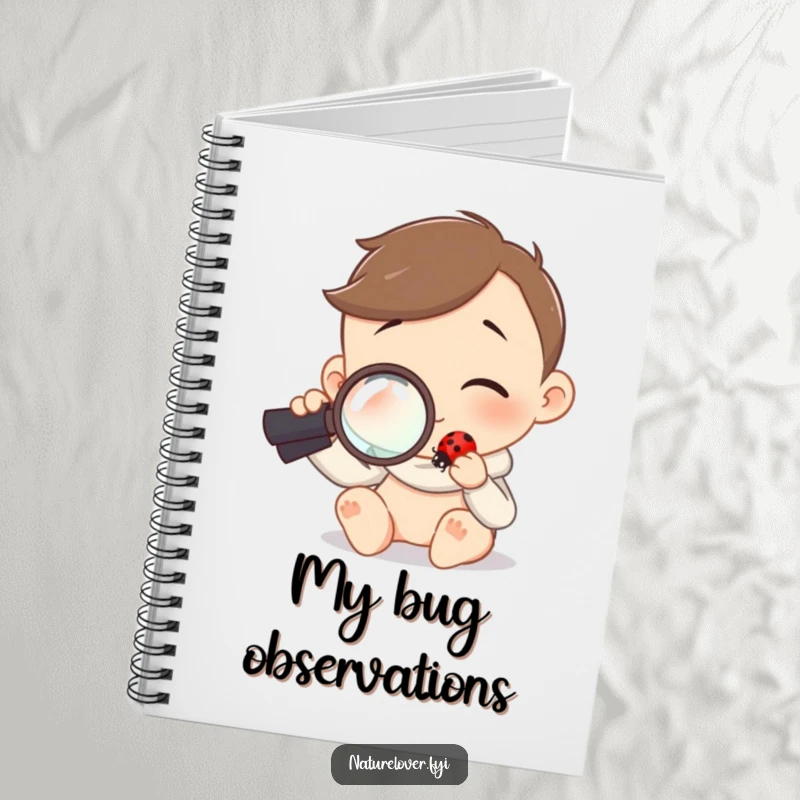 Funny notebook cover with a character using a magnifying glass to curiously examine a tiny ladybug, inspiring observation.