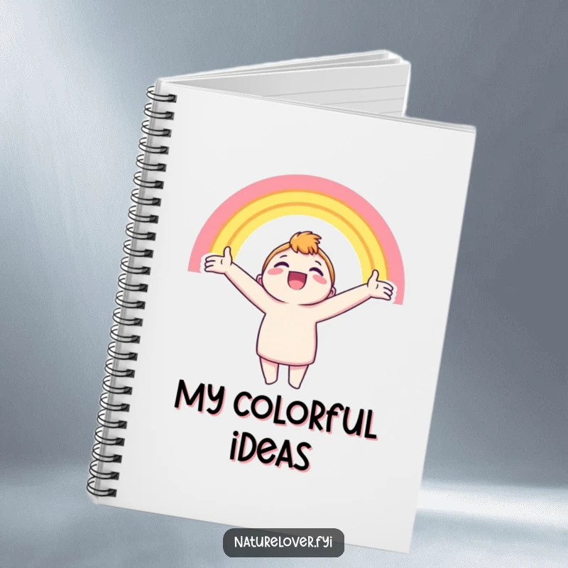 Funny notebook with a character holding arms outstretched, beaming at a bright rainbow, inspiring positive thoughts.