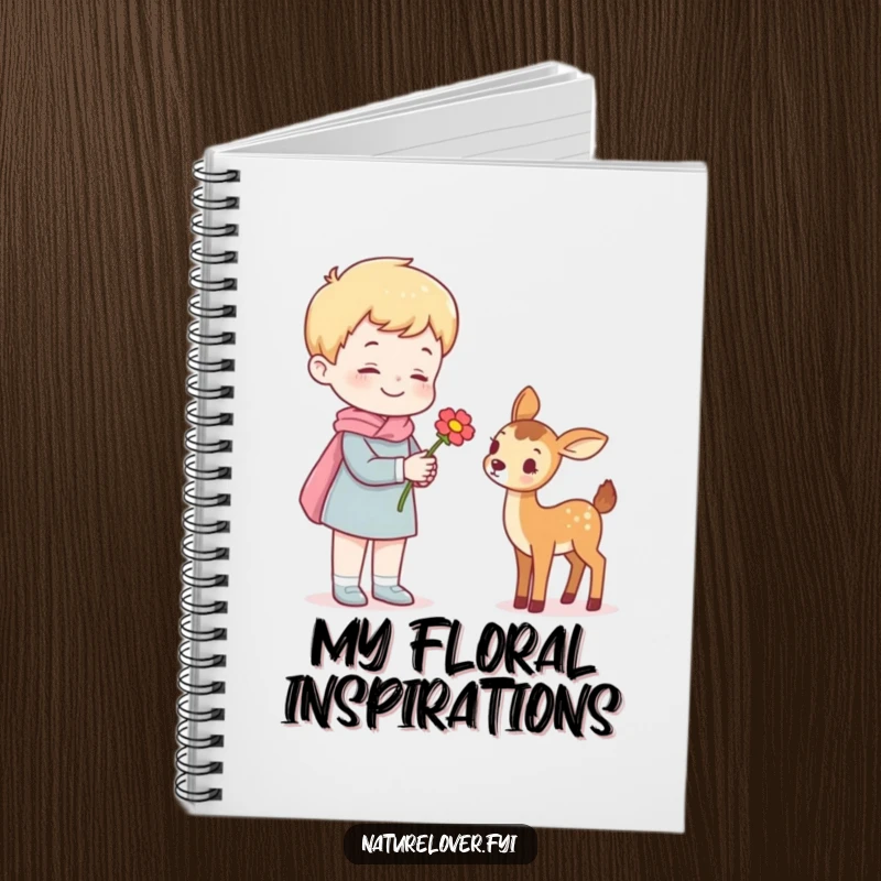 Funny notebook cover with a cheerful figure offering a flower to a tiny deer, perfect for humorous notes and sketches.