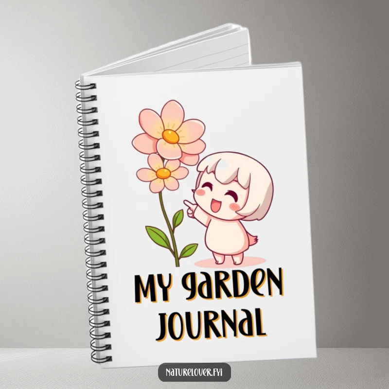 Funny notebook cover with a cute character admiring a blooming flower, inspiring creativity and nature appreciation.