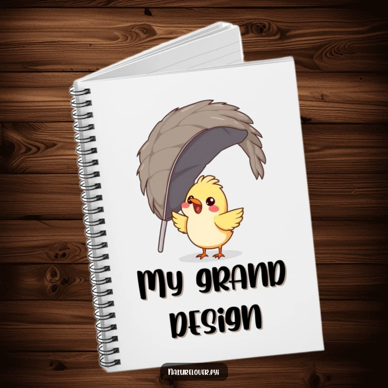 Funny bird notebook featuring a gleeful bird trying to build a nest from a single, enormous feather, for notes and plans.