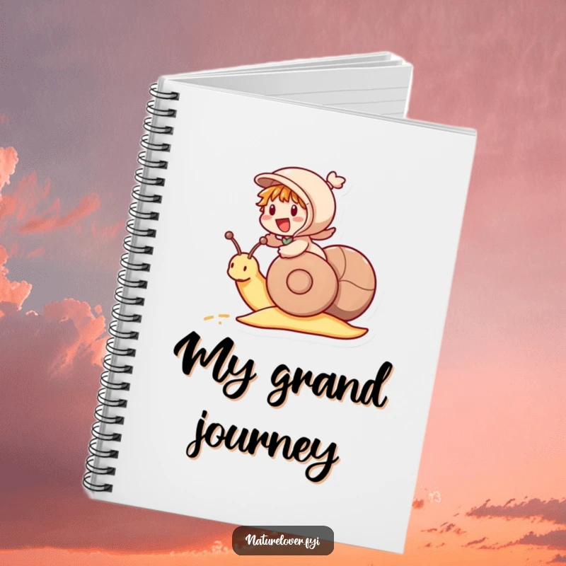 Funny notebook cover featuring a little character excitedly riding a snail like a racehorse, a humorous prompt for writing.