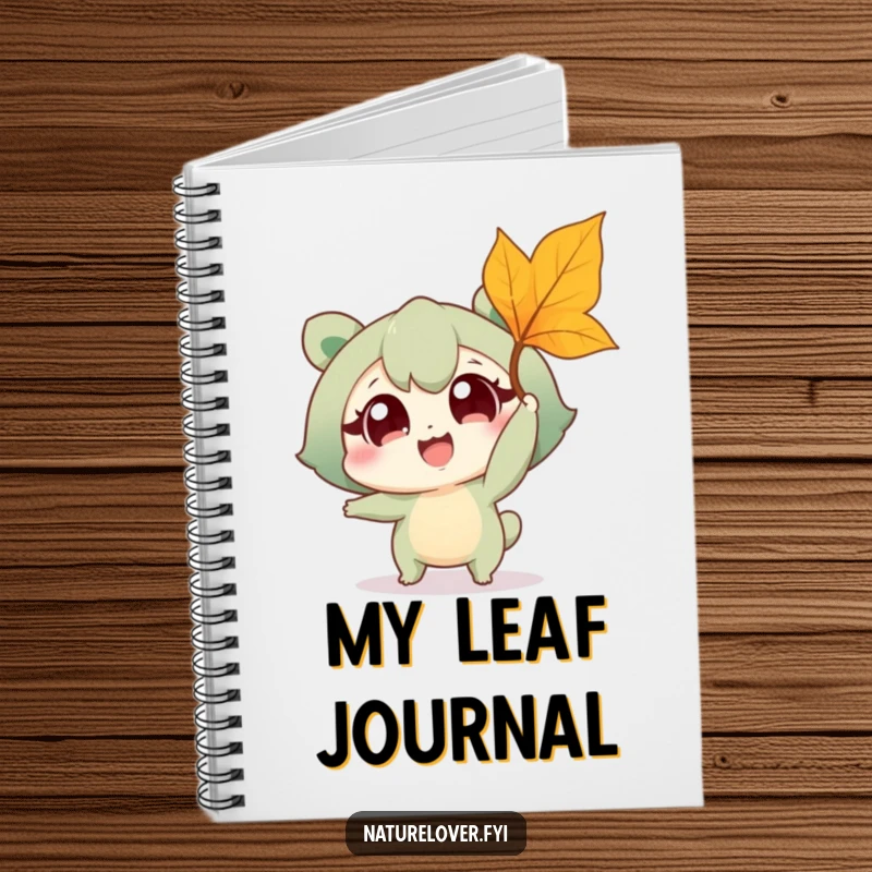 Funny notebook cover showing a nature lover character joyfully attempting to catch a falling leaf, inspiring outdoor creativity and journaling.