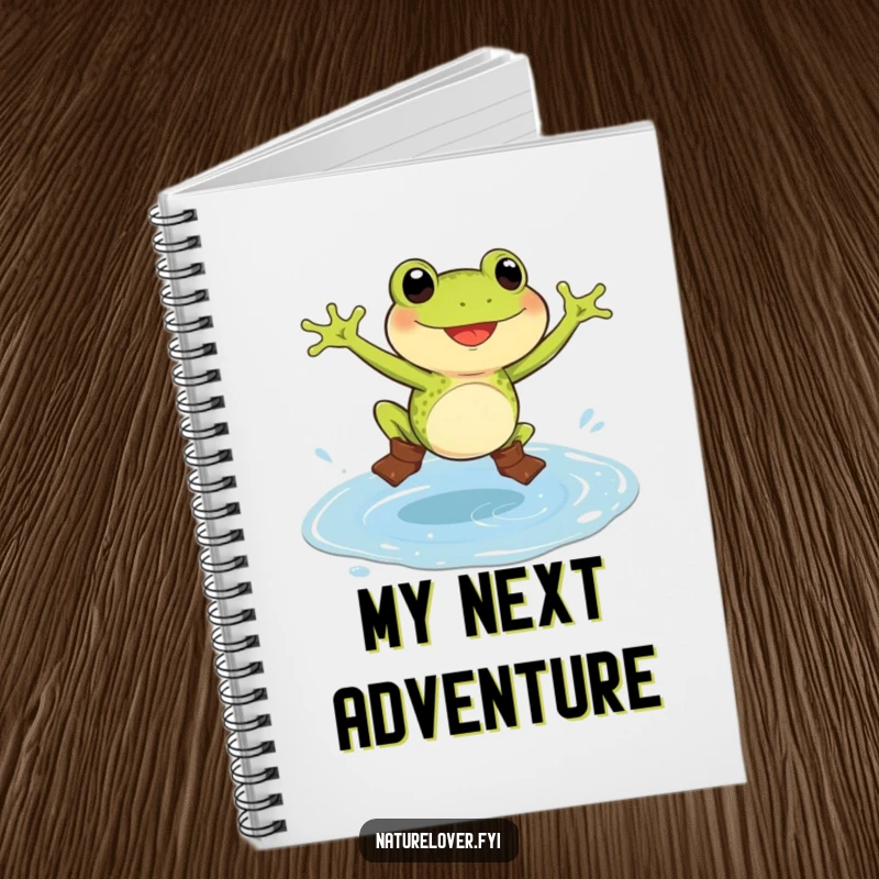 Funny frog notebook featuring a delighted frog in tiny boots, jumping in a colossal puddle, ideal for notes and plans.