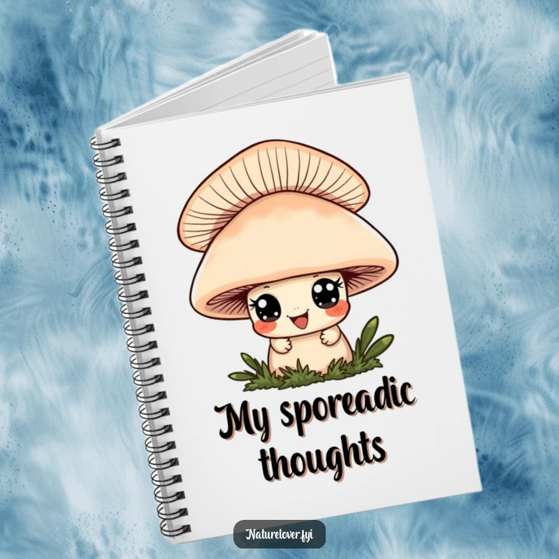 Funny notebook cover with a cute character giving a playful grin, peeking from behind a mushroom, perfect for playful notes.