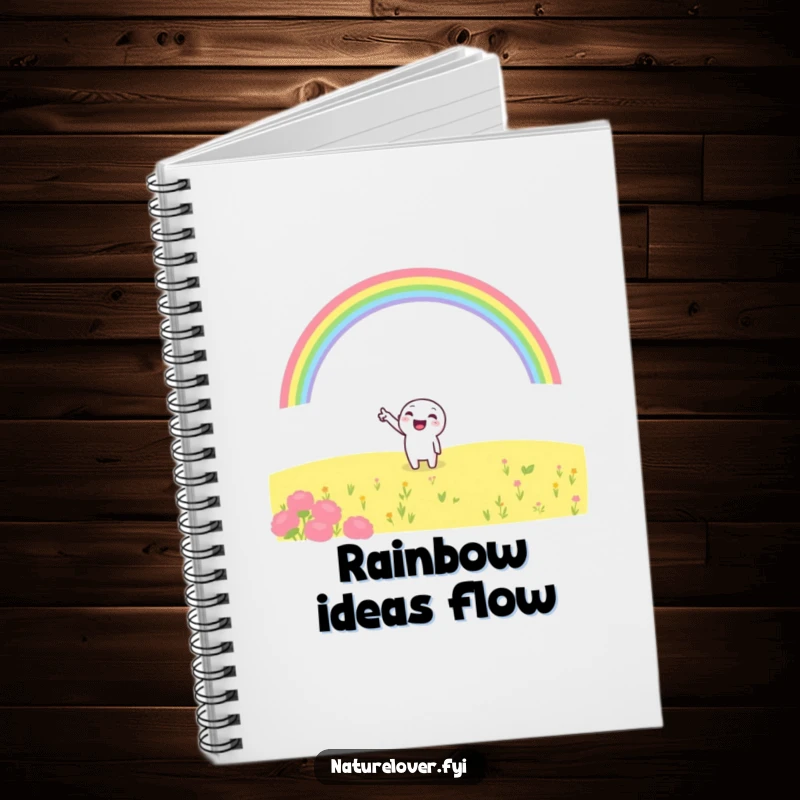 Funny notebook cover with a cheerful character pointing at a rainbow, symbolizing hope, dreams, and a positive outlook.