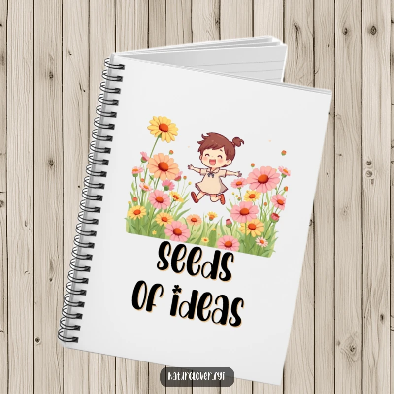 Funny notebook cover with a joyful character skipping through a field of large wildflowers, inspiring creativity and cheerful note-taking.