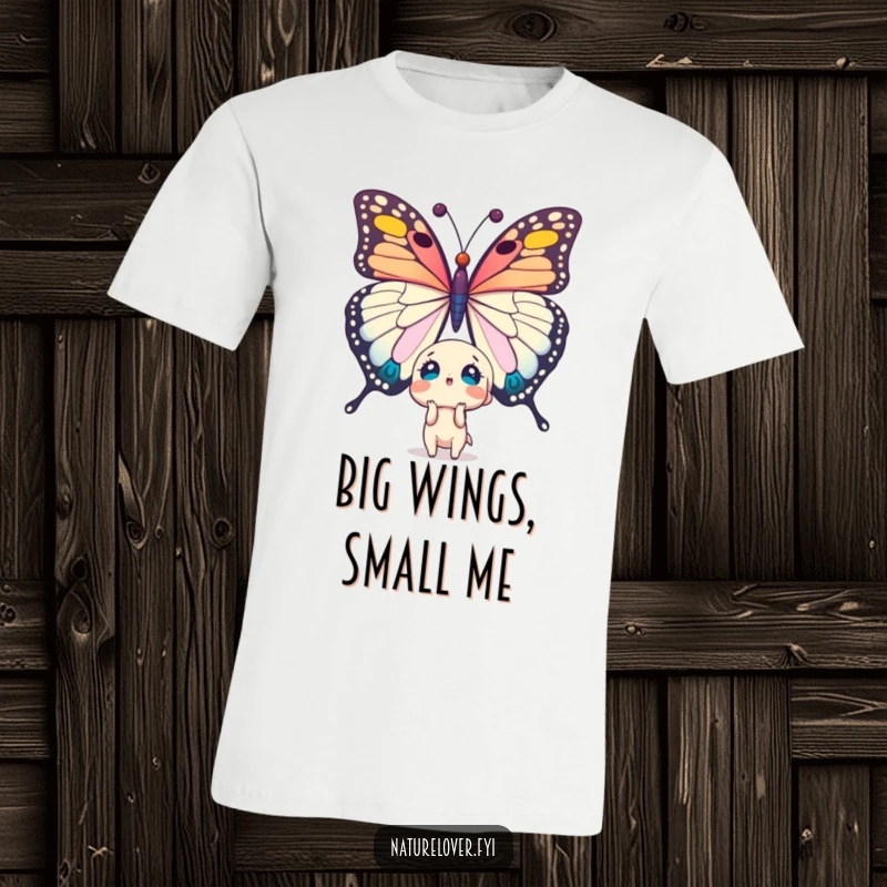 Funny t-shirt: cute character looks up in surprise at a massive, colossal butterfly. Great funny gift for nature lovers.