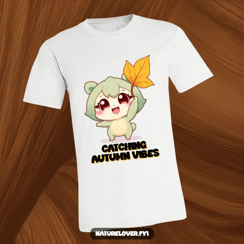 Funny t-shirt depicting a smiling nature lover character leaping to catch a floating autumn leaf with pure excitement and wide-open eyes.