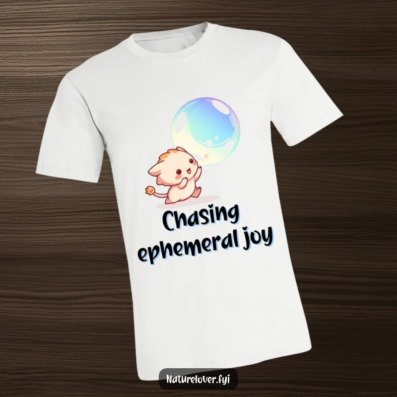 Funny t-shirt featuring a creature playfully in pursuit of a floating, iridescent bubble, radiating pure childlike excitement.