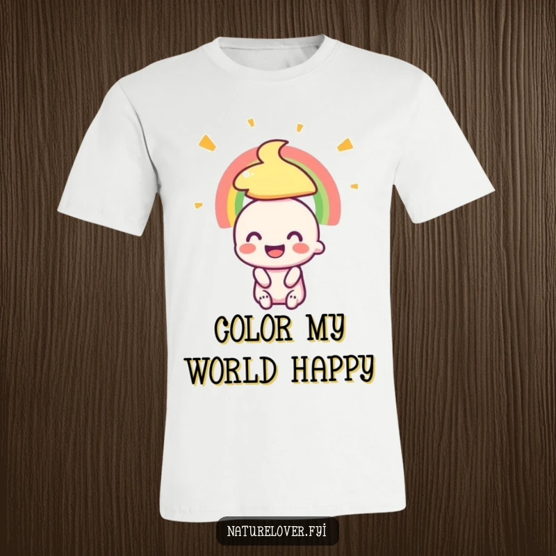 Funny t-shirt showcasing a tiny, smiling character joyfully admiring a bright, colorful rainbow, embodying sheer bliss and wonder.