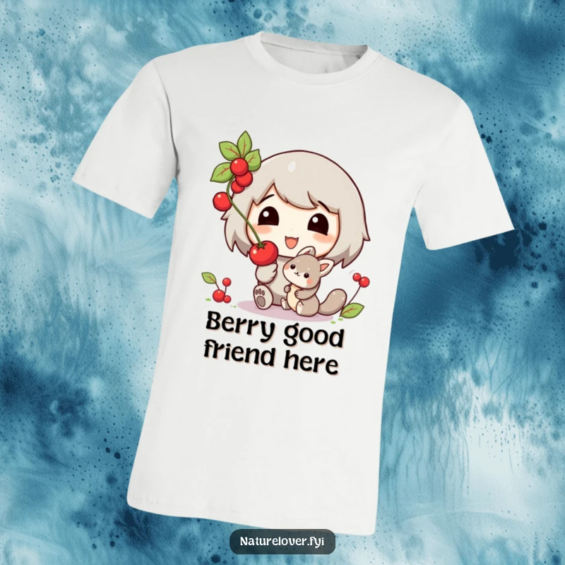 Funny t-shirt graphic of a smiling character offering a juicy berry to a tiny, adorable woodland creature, celebrating friendship.