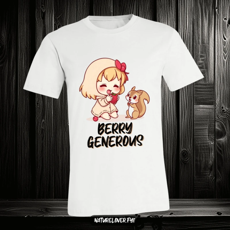 Funny t-shirt of a character joyfully sharing a berry with a curious squirrel, symbolizing generosity and sweet friendship.