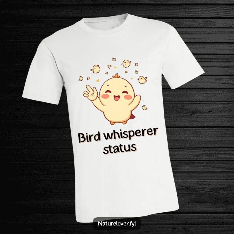 Funny T-Shirt: A happy character waves energetically at a small flock of delightful tiny birds.