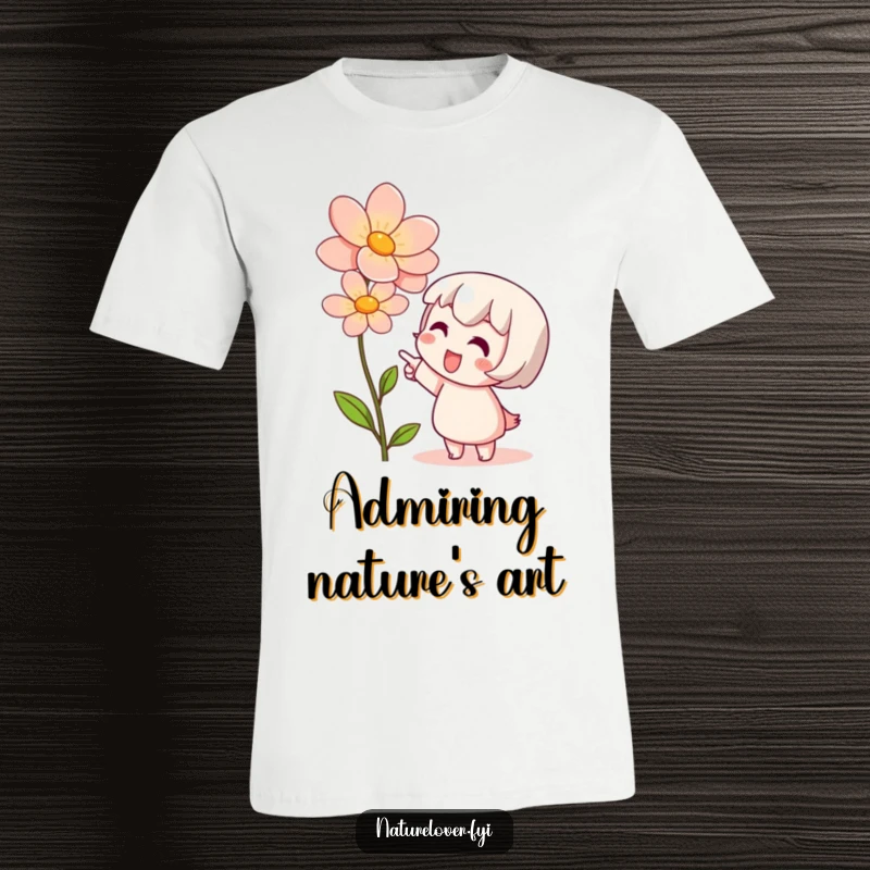 Funny T-shirt with a cute character ecstatically pointing at a blossoming flower, capturing a moment of pure admiration.