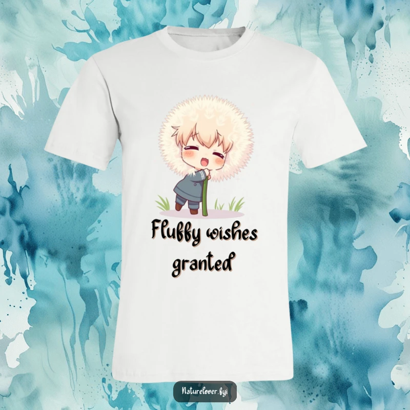 Funny T-shirt featuring a character attempting to hug an oversized, fluffy dandelion with pure, comical joy.