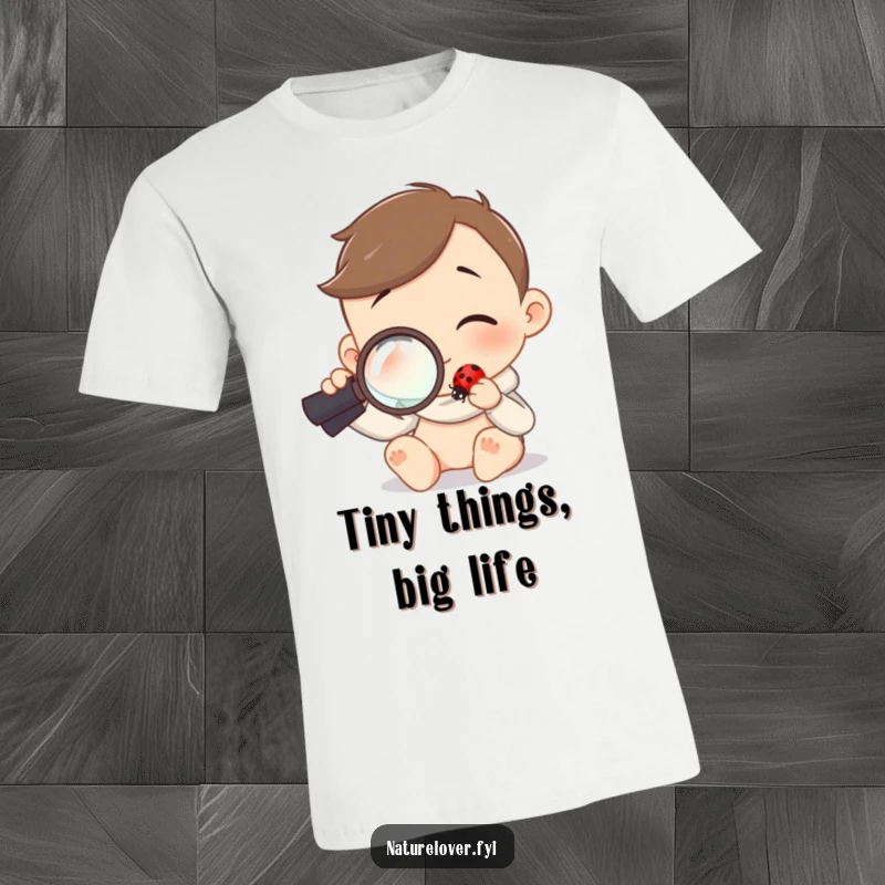 Funny T-shirt featuring a character using a magnifying glass to curiously examine a tiny ladybug.