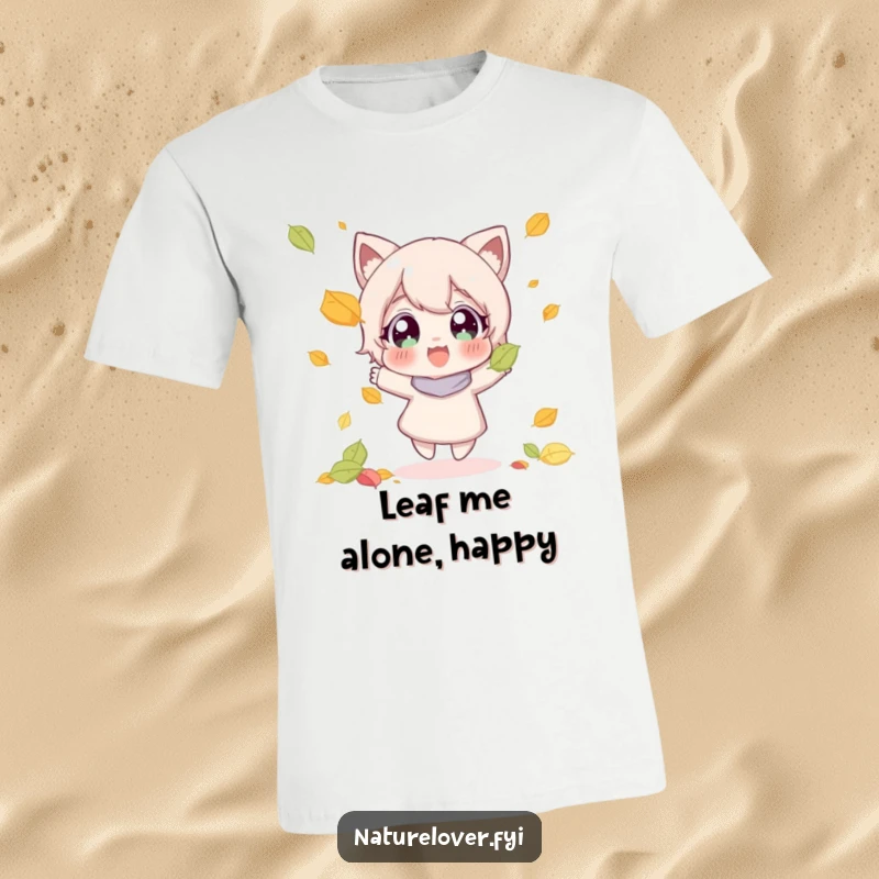 Funny T-shirt featuring a character with wide, happy eyes joyfully catching a single falling autumn leaf.
