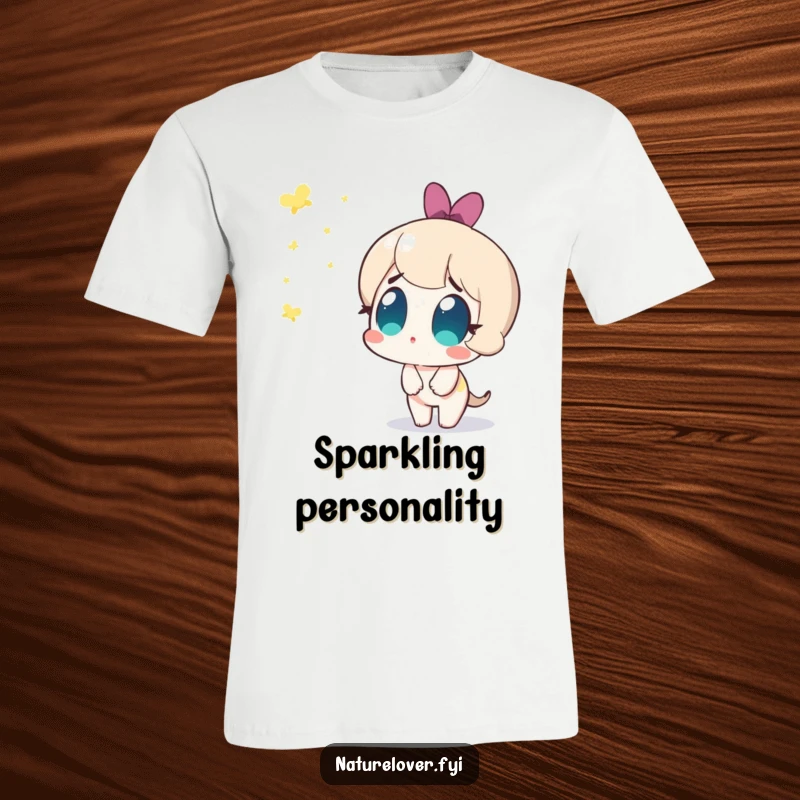 Funny t-shirt featuring a cute character with wide, amazed eyes watching fireflies appear, depicting humorous awe and magical moments.