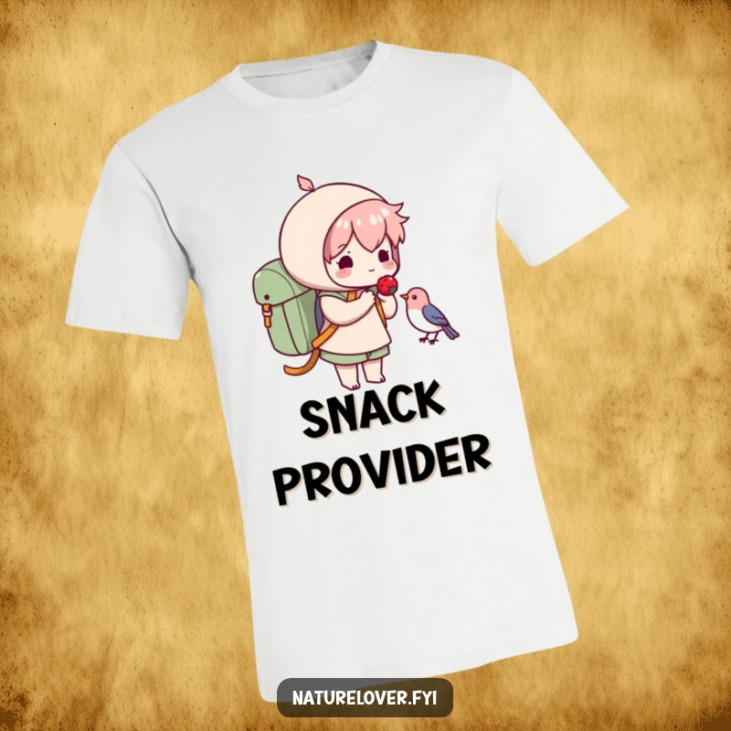 Funny t-shirt depicting a cute character with a backpack offering a berry to a small bird, showcasing funny empathy and the beauty of giving.