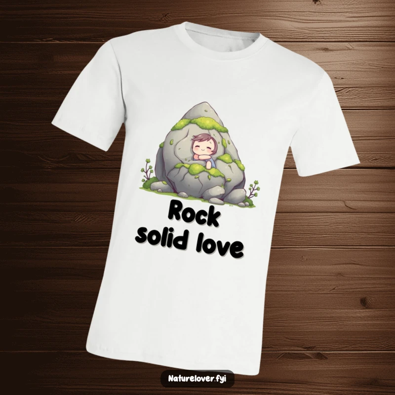 Funny t-shirt with a cute character giving a giant, mossy rock a warm hug, showing a unique bond with the earth.