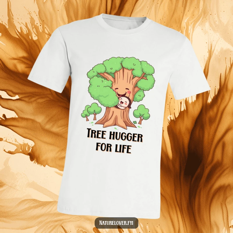 Funny Hugging Tree T-Shirt, cute character hugging a large, smiling tree with pure joy, celebrating nature and friendship.