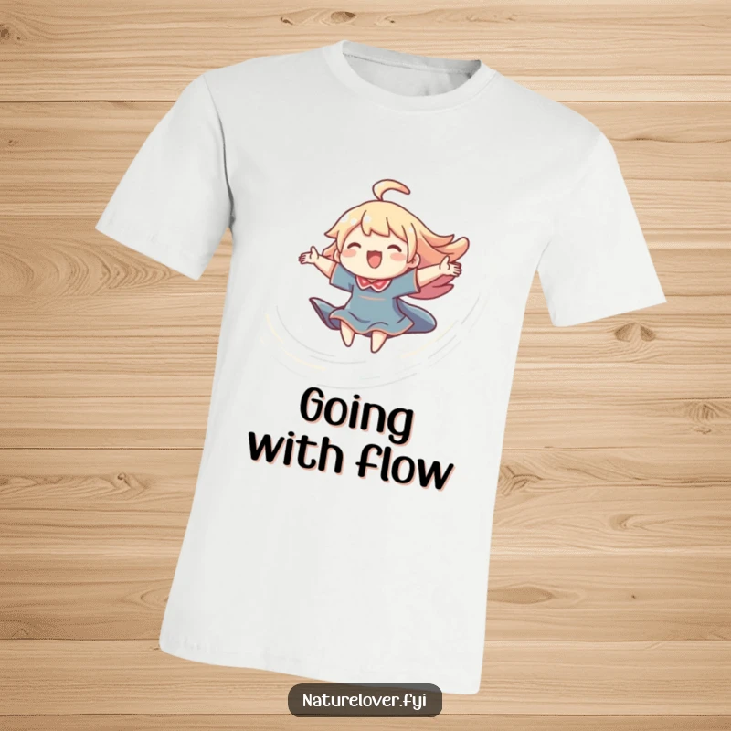 Funny t-shirt depicting a small character with arms spread wide, joyfully riding a swirling breeze, representing pure exhilaration.