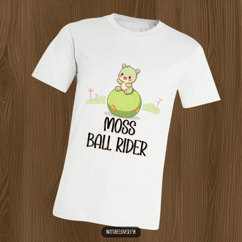 Funny Moss Ball Rider T-Shirt: A creature joyfully riding a moss ball, embodying a gentle and eco-friendly spirit.