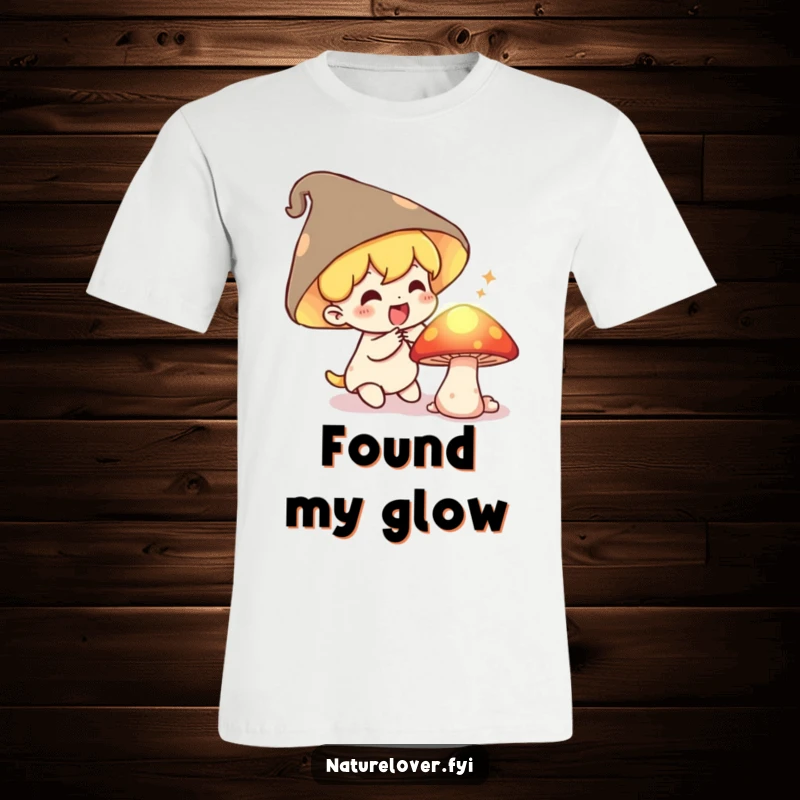 Funny T-Shirt: A small character gasps with delight upon finding a secret, glowing mushroom, symbolizing wonder and discovery.