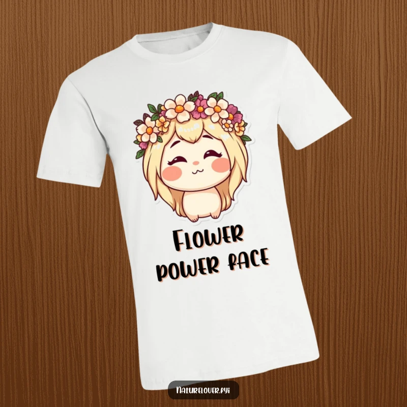 Funny t-shirt showing a nature lover character wearing a floral crown and making a hilariously goofy face, celebrating outdoor whimsy.