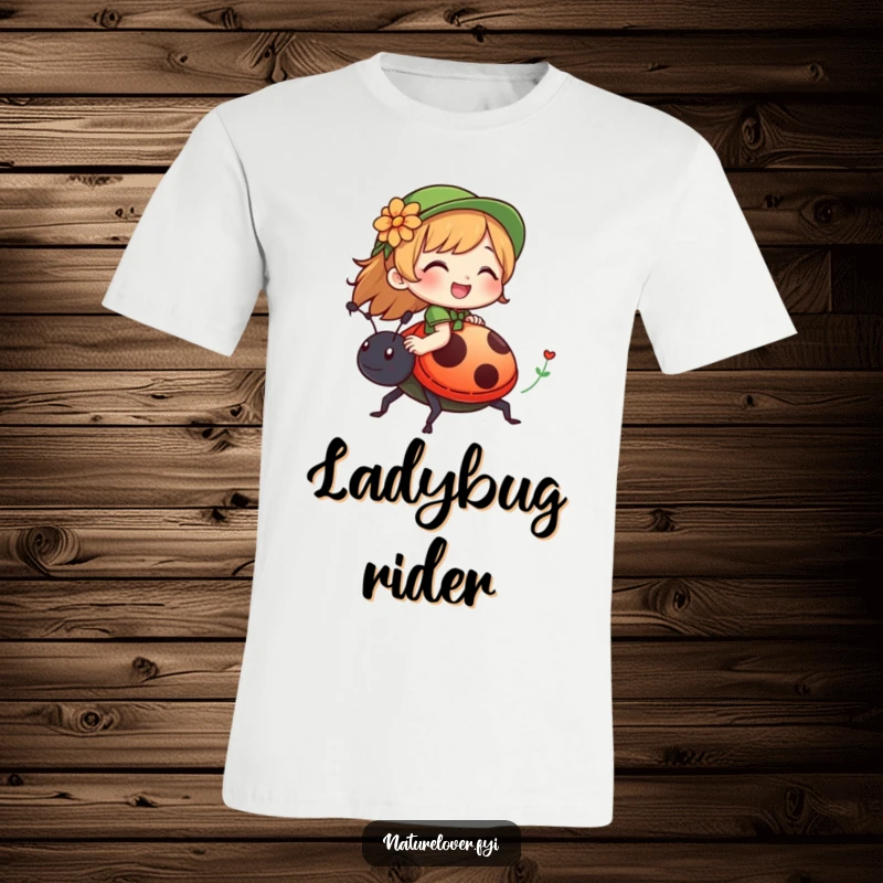 Funny t-shirt showing a nature lover character giggling with glee while riding on a charming, friendly ladybug.