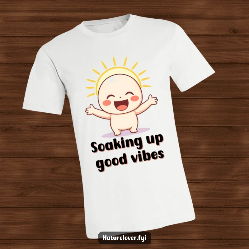 Funny t-shirt print of a smiling character with arms spread wide, enjoying a warm ray of sunshine, symbolizing happiness and positivity.