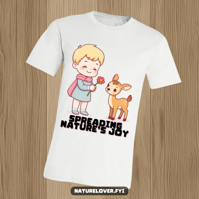 Funny t-shirt showcasing a happy figure offering a flower to a small, friendly deer, embodying a sweet and humorous interaction.
