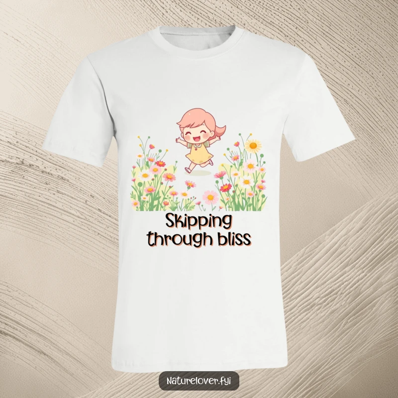 Funny T-Shirt: A happy character energetically skipping through a colorful field of blooming wildflowers, radiating pure joy.