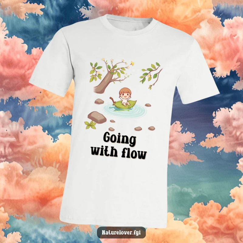 Funny small character joyfully floating down a stream on a fallen leaf boat, featured on this comfortable and relaxing graphic tee.
