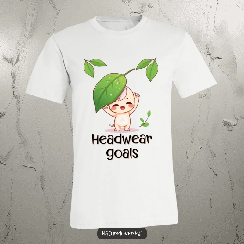 Funny T-Shirt featuring a playful character attempting to balance a large leaf on its head, exuding fun.