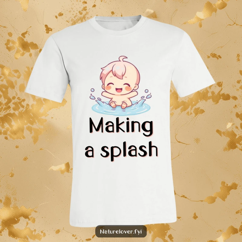 Funny t-shirt showing a character gleefully splashing in a tiny puddle, embodying pure, uninhibited joy and fun.