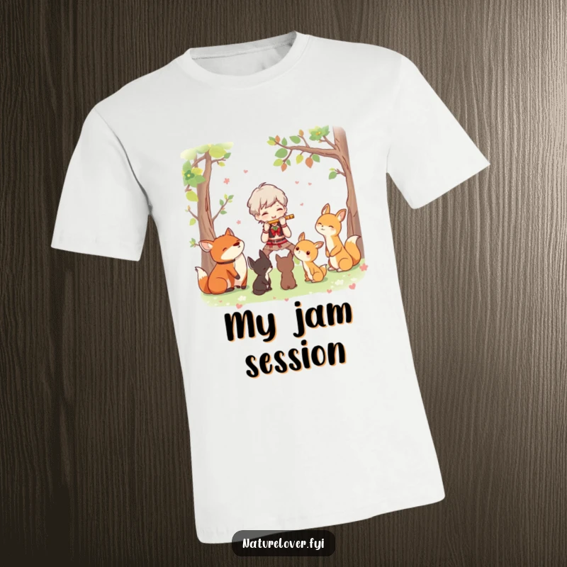 Funny t-shirt featuring a character joyfully playing a flute for a captivated audience of attentive woodland creatures.
