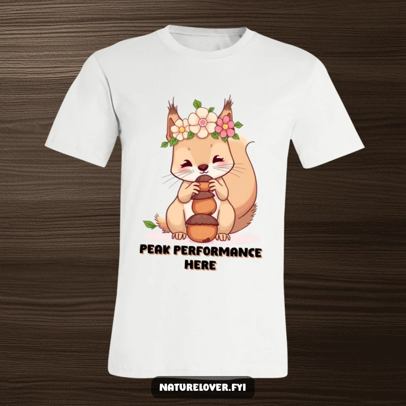 Funny t-shirt graphic of a squirrel adorned with a flower crown, balancing a stack of acorns on its nose with charm.
