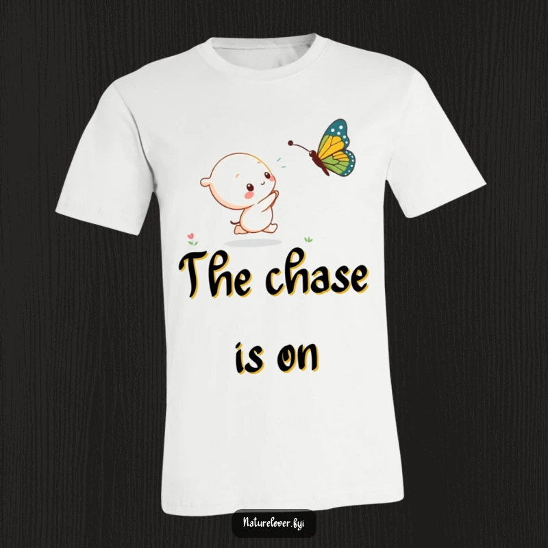 A funny kawaii character looking determined while chasing a huge, fluttering butterfly across this t-shirt.