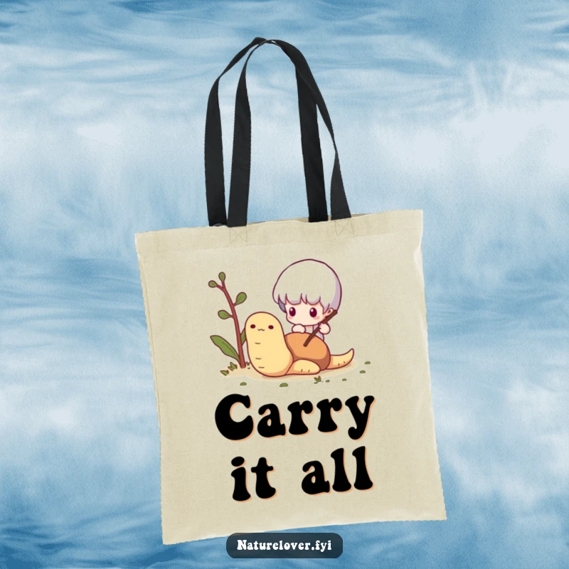 Funny Worm Poking Tote Bag: A tiny character pokes a worm with a twig, a charming and humorous illustration.