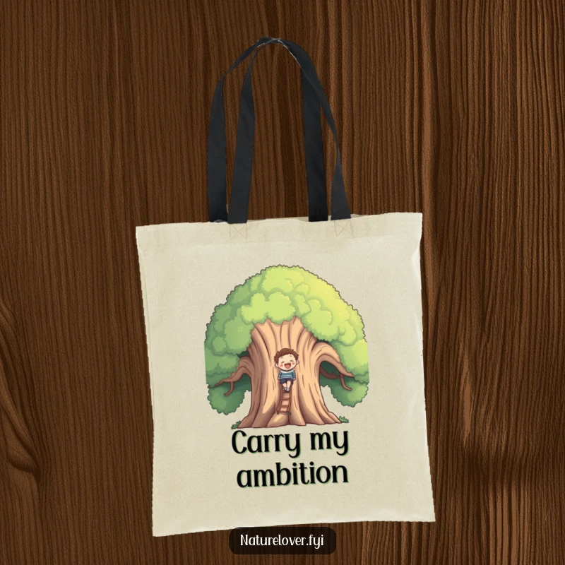 Funny smiling figure climbing a large, friendly tree, featured on a practical and humorous tote bag.