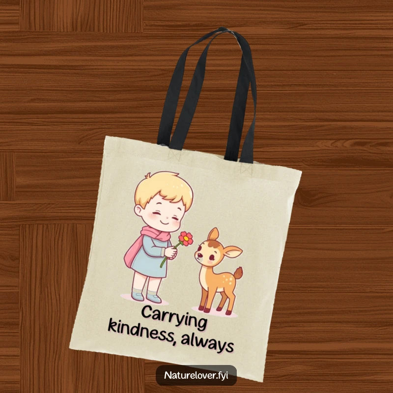 Funny tote bag illustrating a cheerful figure offering a flower to a small, friendly deer, perfect for carrying items with humor.