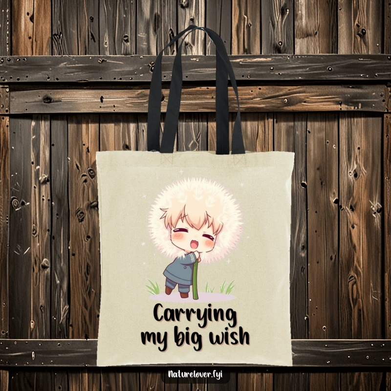 Funny tote bag with a character attempting a hug on a comically large, fluffy dandelion, expressing playful affection.