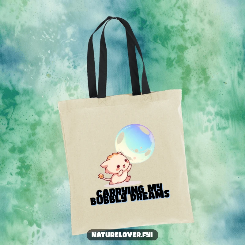 Funny tote bag with a creature gleefully chasing an iridescent bubble, perfect for carrying treasures and spreading smiles.
