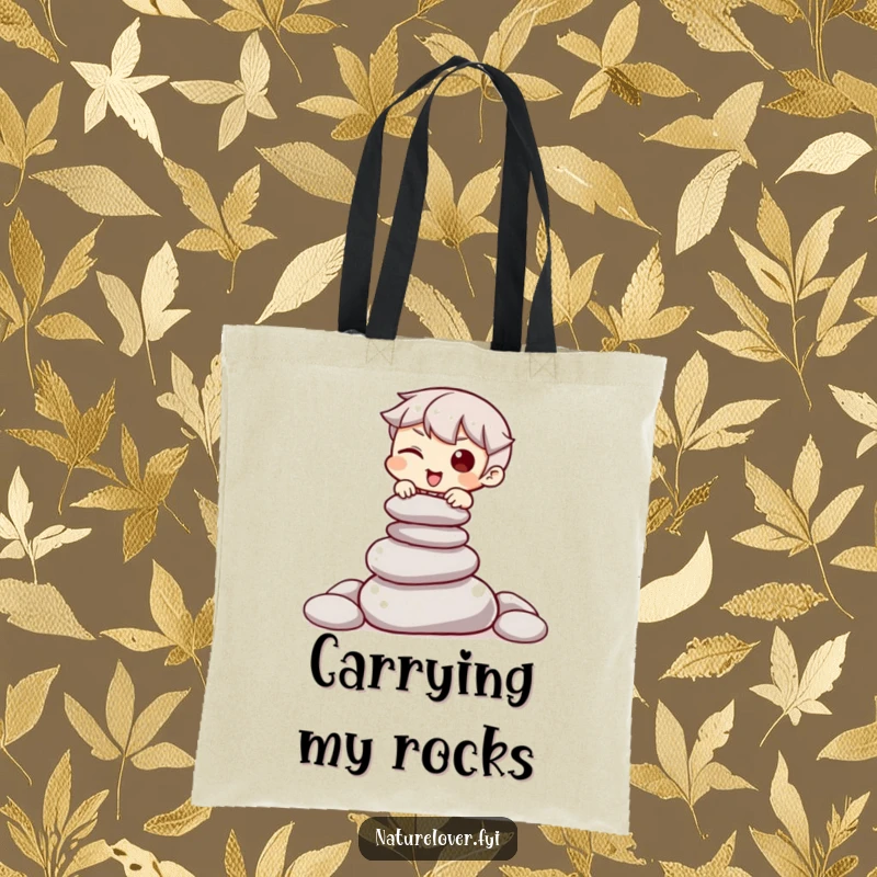 Funny tote bag showing a character winking while trying to balance a pile of smooth stones, perfect for mindful shoppers.