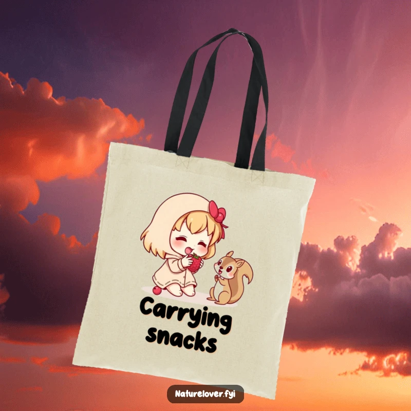 Funny tote bag showing a character sharing a berry with a curious squirrel, highlighting kindness and gentle interactions.