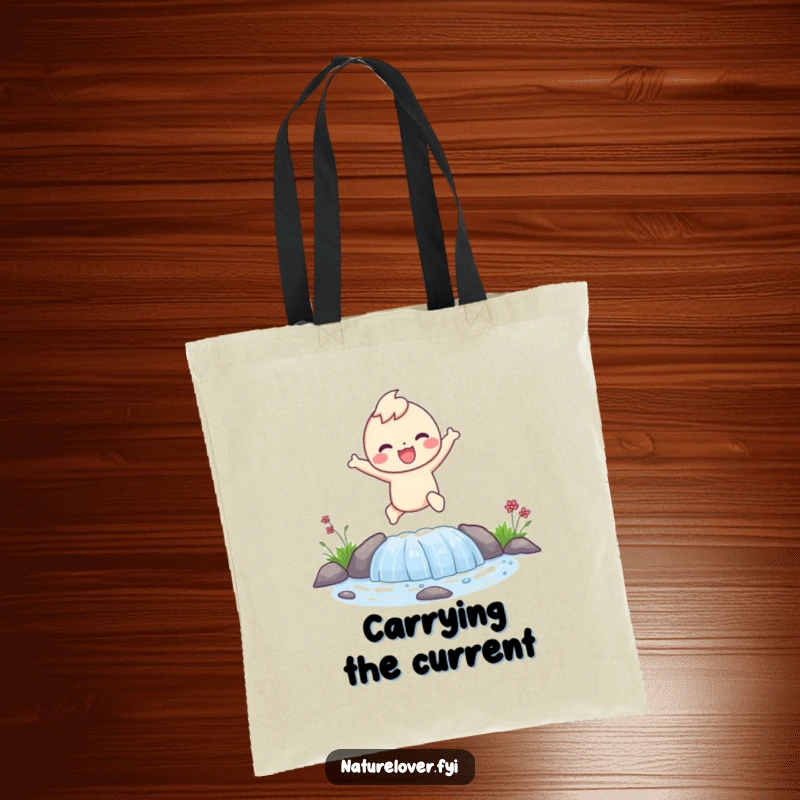 Funny tote bag showcasing a happy character joyfully leaping over a small, bubbling stream, full of life and motion.