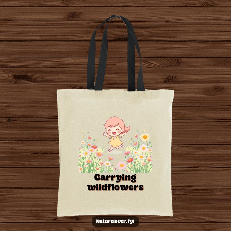 Funny Tote Bag: Happy character skipping through blooming wildflowers, perfect for carrying daily items with a touch of joy.