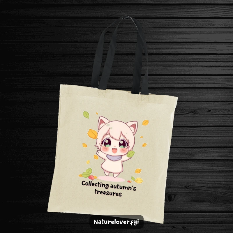 Funny tote bag showing a character with wide, happy eyes joyfully catching a falling leaf, perfect for autumn lovers.